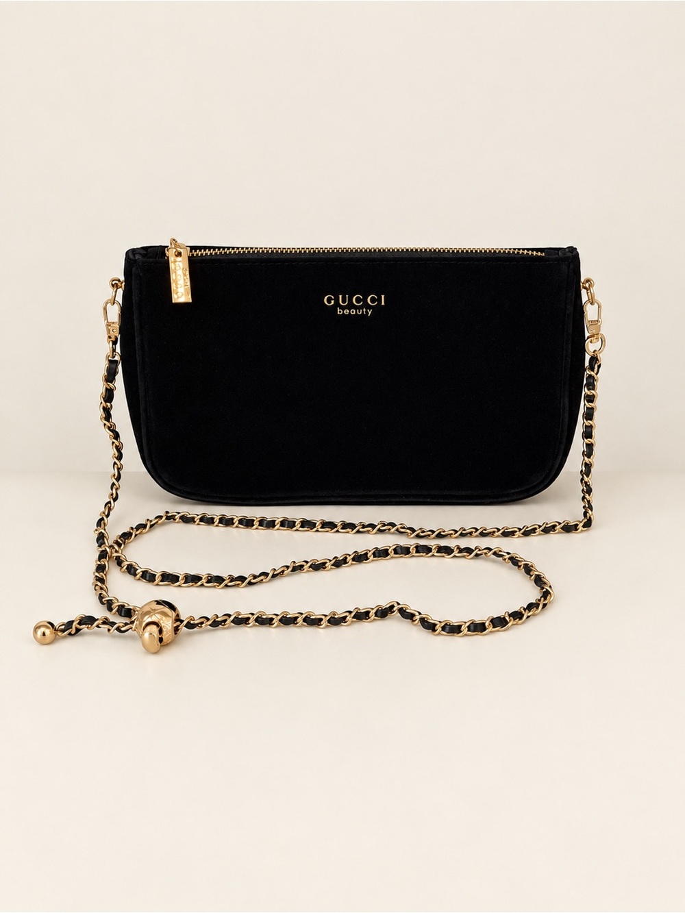 Gucci Beauty Black Velvet Zip Gold Chain Crossbody Shoulder Belt Bag Clutch NEW